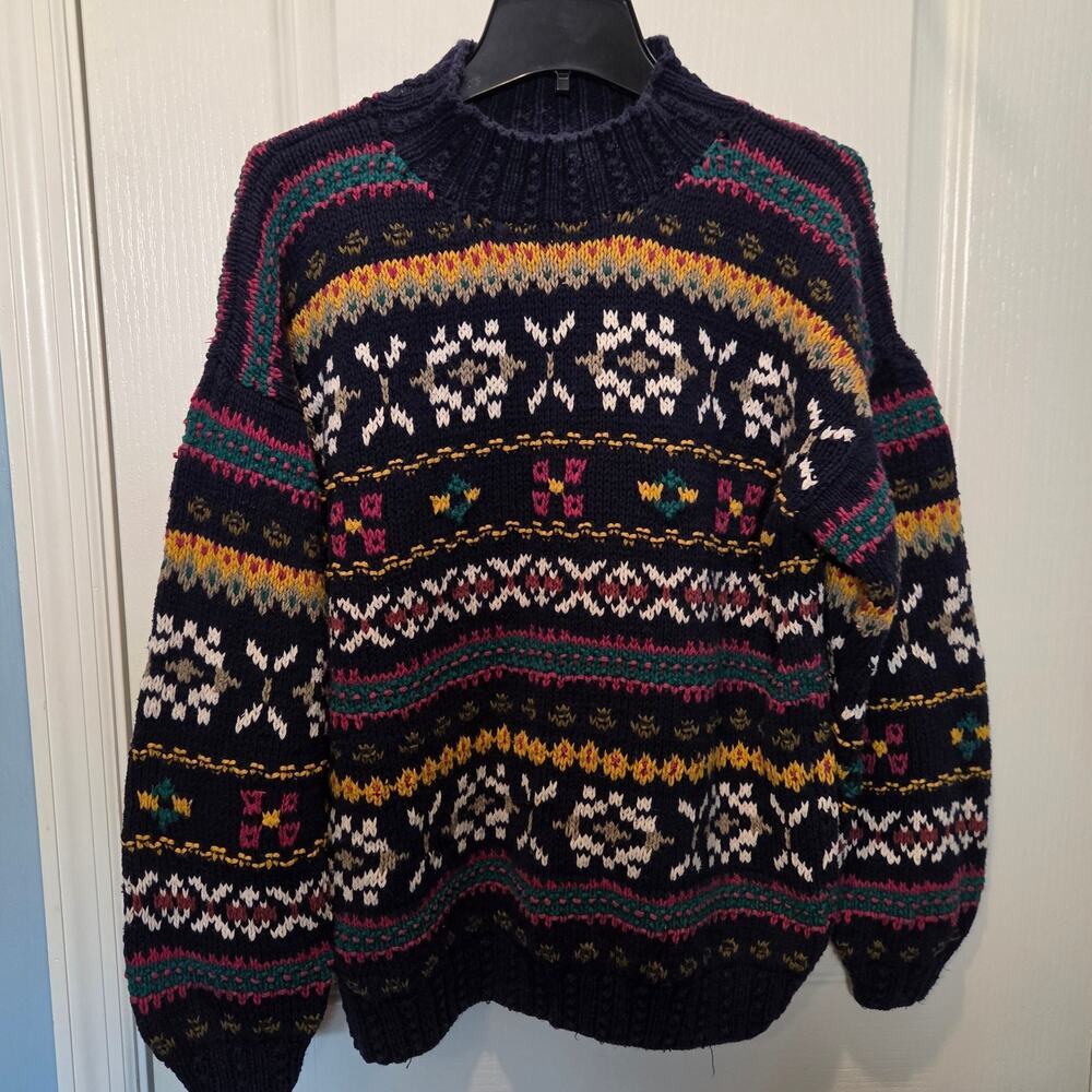 Vintage 90s Reference Point Multicolor Nordic Knit Ski Sweater sz M